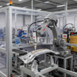 Ta grafika przedstawia realistyczną, nowoczesną halę produkcyjną, w której zautomatyzowane ramię robota przemysłowego precyzyjnie aplikuje klej na metalowy element motoryzacyjny