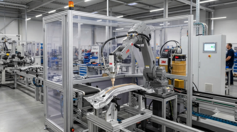 Ta grafika przedstawia realistyczną, nowoczesną halę produkcyjną, w której zautomatyzowane ramię robota przemysłowego precyzyjnie aplikuje klej na metalowy element motoryzacyjny